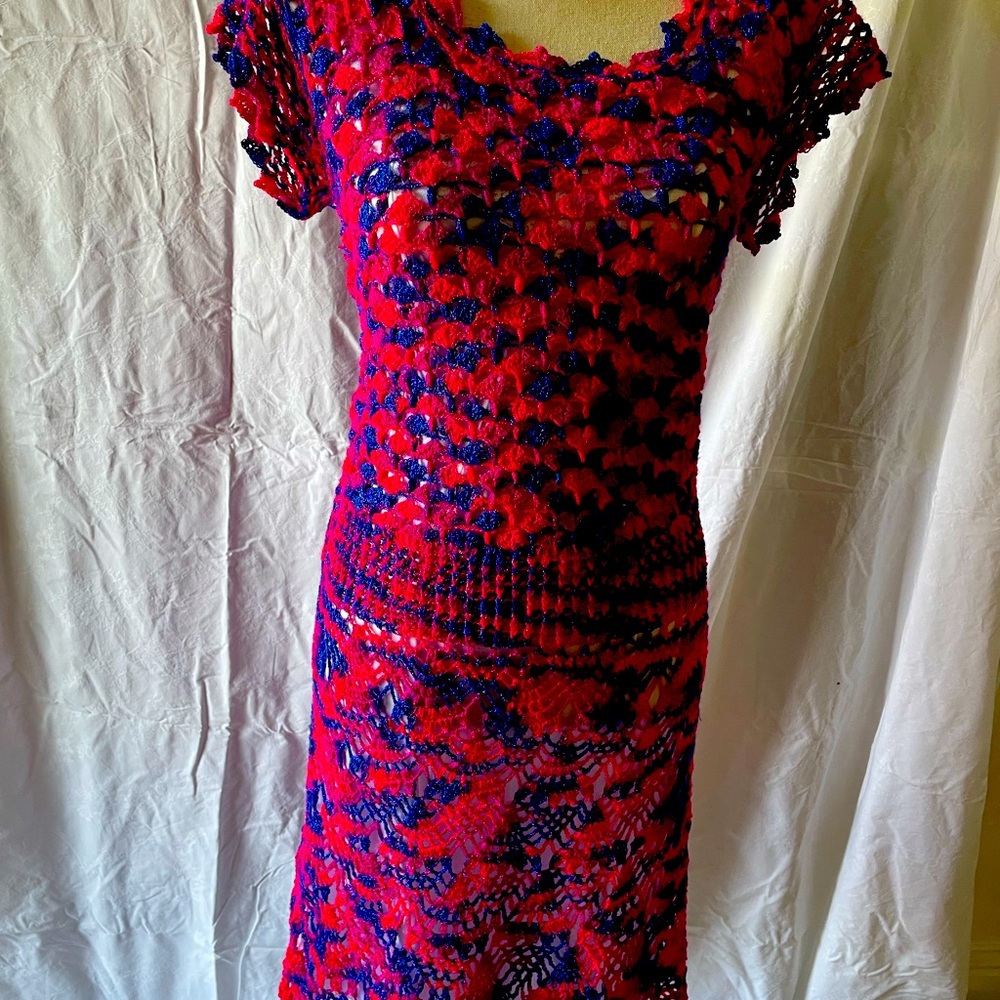 Sweater dress variegated hand crochet sweater dress magenta and navy blue